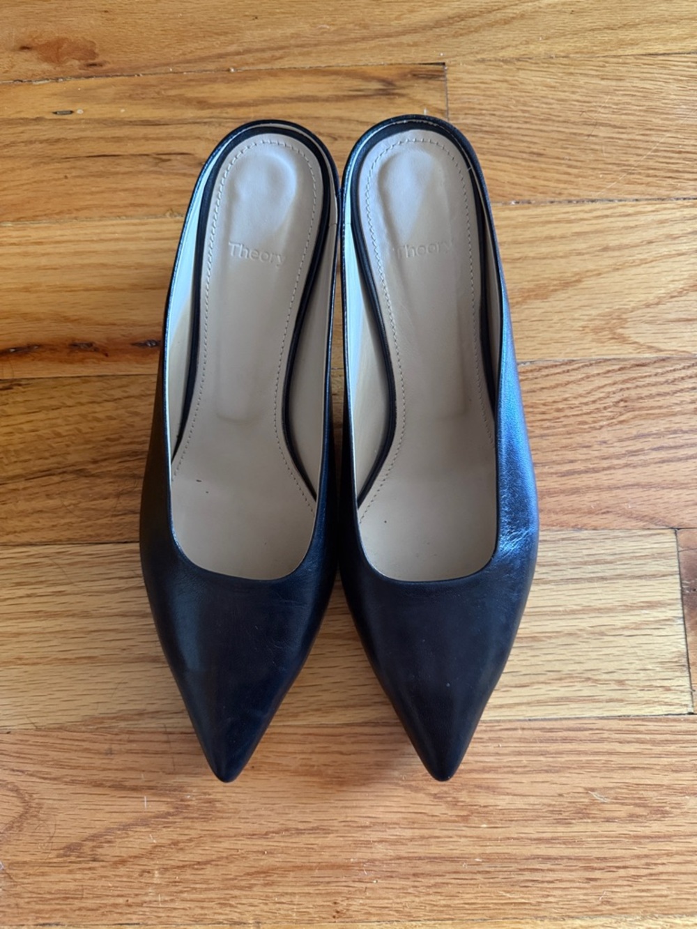 Theory Black Leather Pointed-Toe Mule Heels